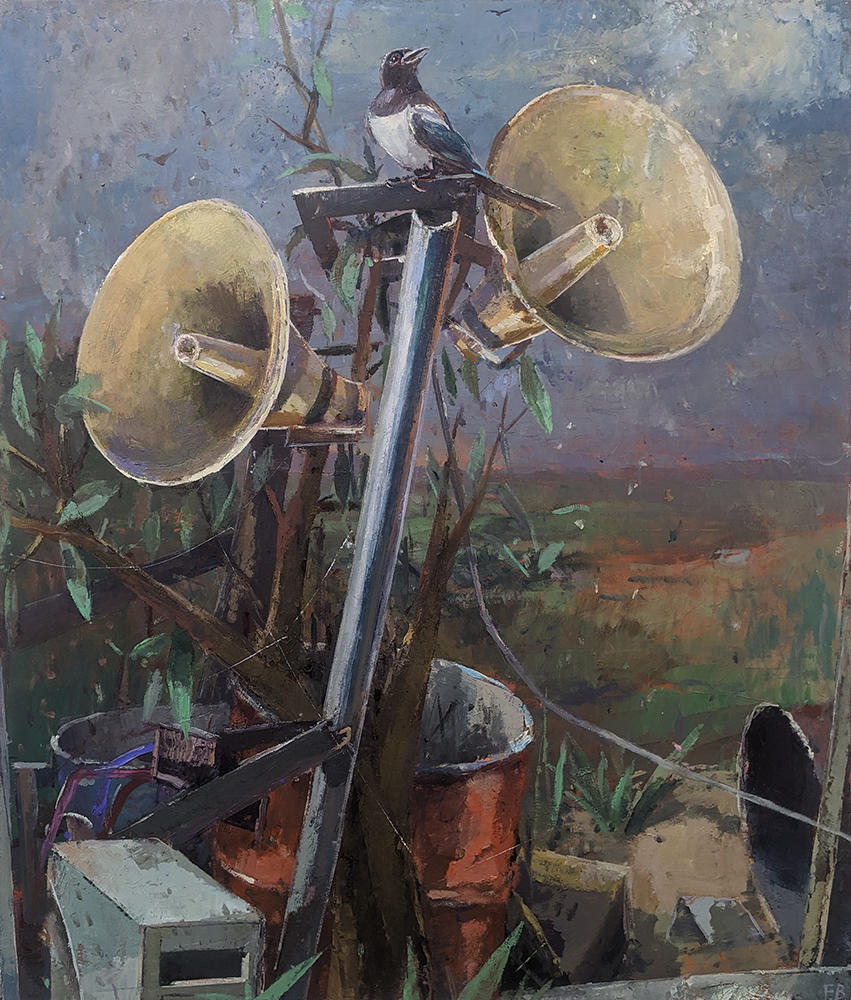 Fritz Bornstück „Repeater Signal (Elster)“, 2023, Öl auf Leinwand,120 x 100 cm