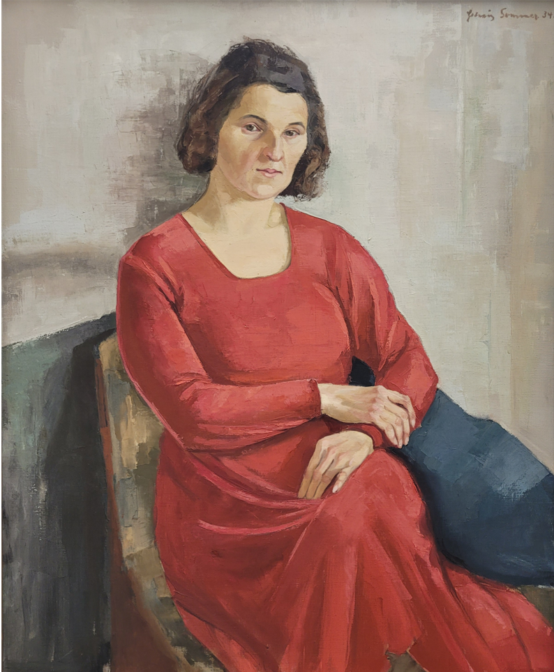 Hedwig Holtz-Sommer, Frau im roten Kleid, 1934, Öl auf Leinwand